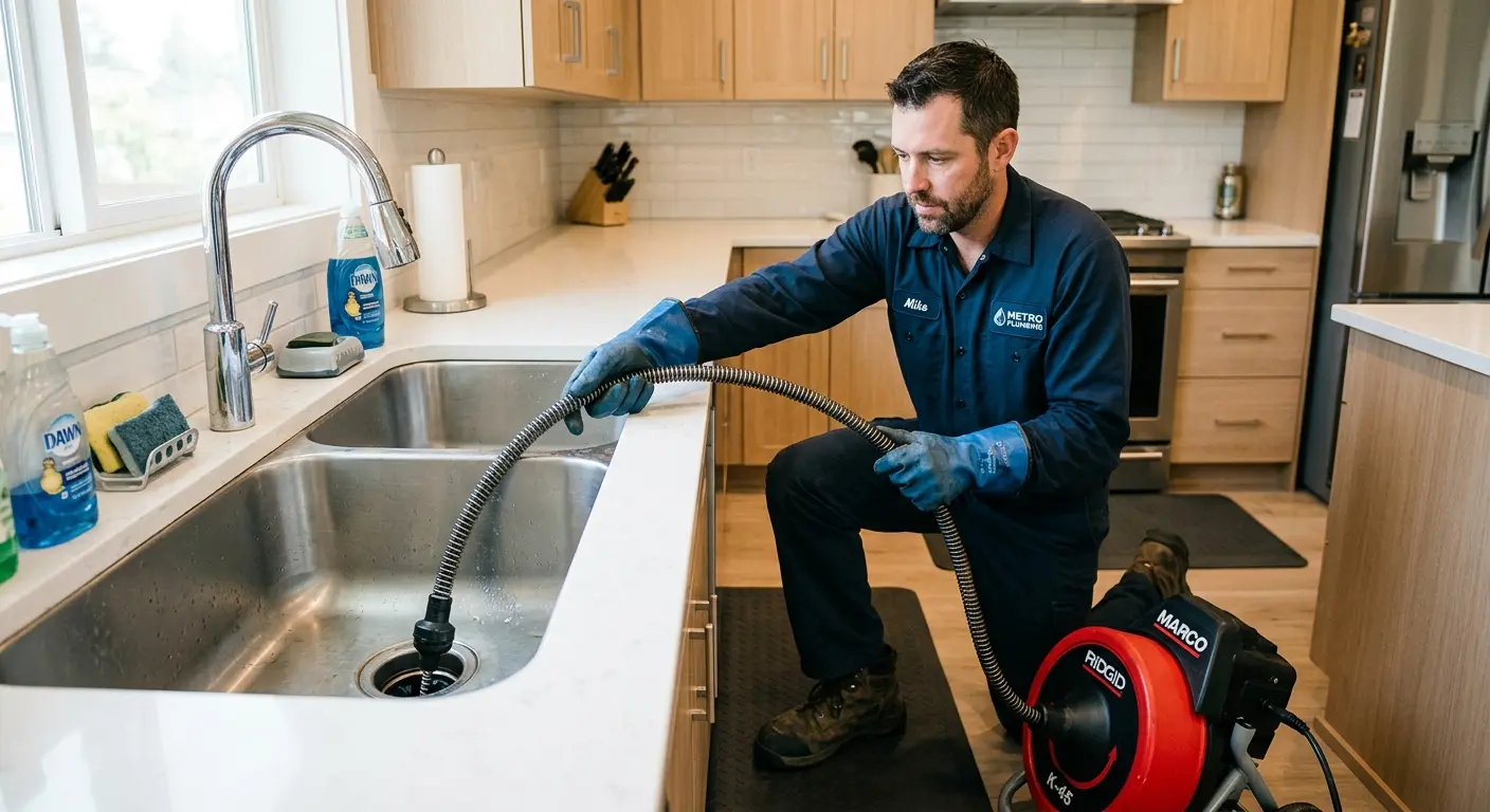 Drain cleaning technician using a motorized snake on a kitchen sink in Fountain