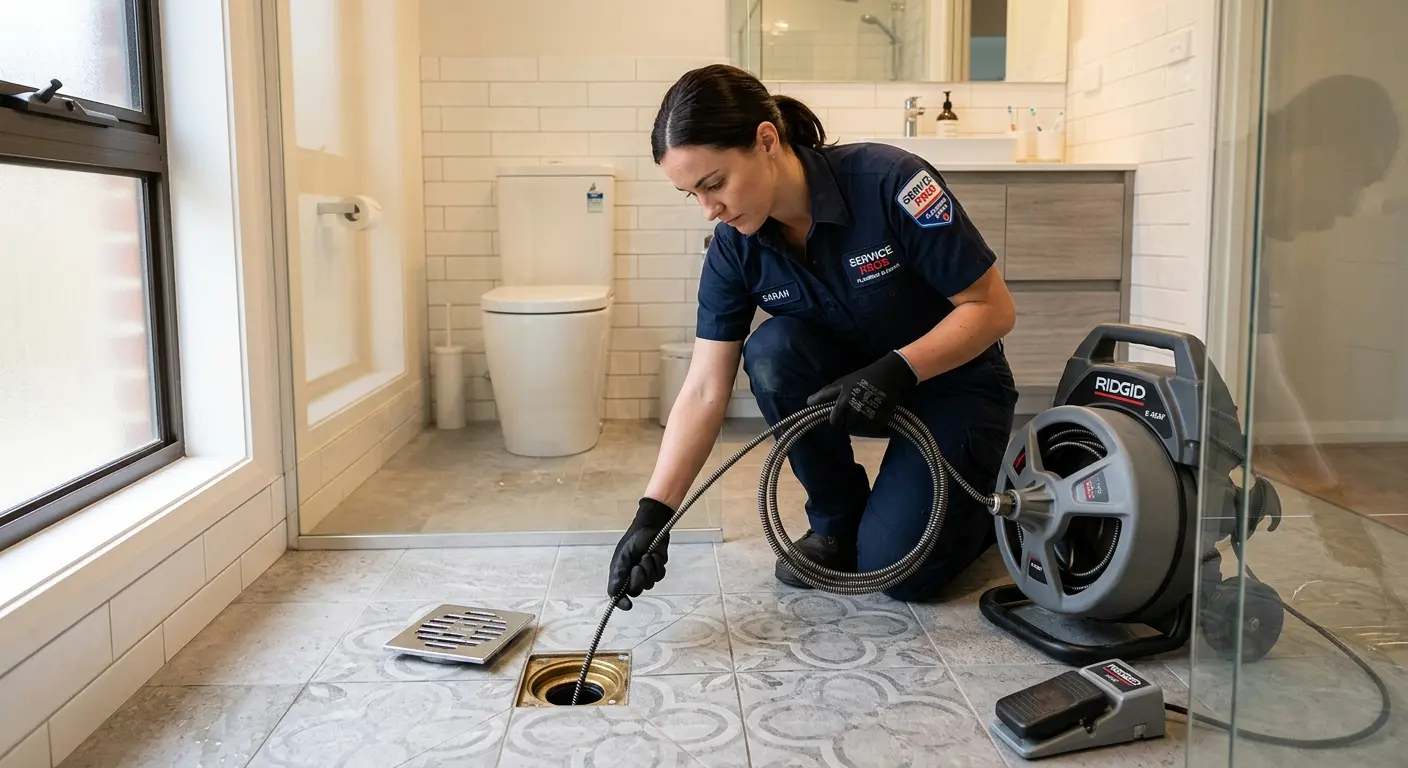 Technician clearing a bathroom floor drain for Drain Cleaning in Fountain